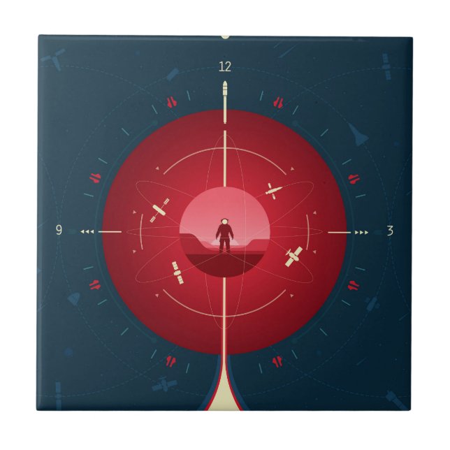 Deep Space Atomic Clock Poster, Red Version. Ceramic Tile (Front)