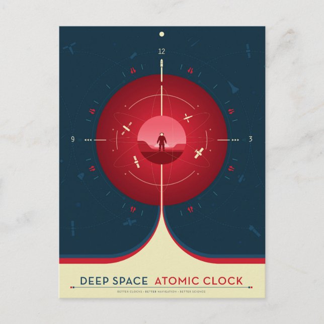 Deep Space Atomic Clock Poster, Red Version. Postcard (Front)
