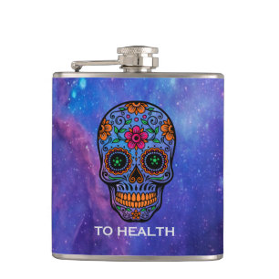 Deep Space Background & Floral Sugar Skull Hip Flask