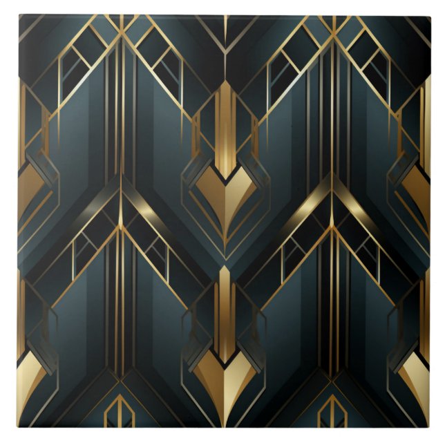 Deep Teal and Gold Art Deco Angular Frames Ceramic Tile (Front)