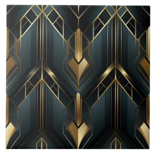Deep Teal and Gold Art Deco Angular Frames Ceramic Tile