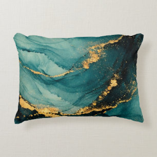 Deep Teal and Gold Fluid Motion Decorative Cushion