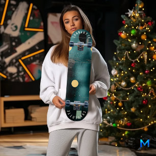Deep Teal and Gold Minimalist Abstract Skateboard