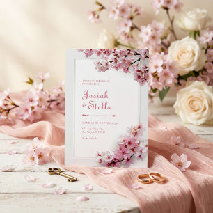 Deep Teal and Pink Cherry Blossom Frame Wedding Invitation
