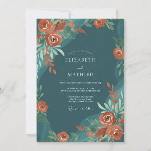 Deep Teal Artistic Rose Wedding Invitation