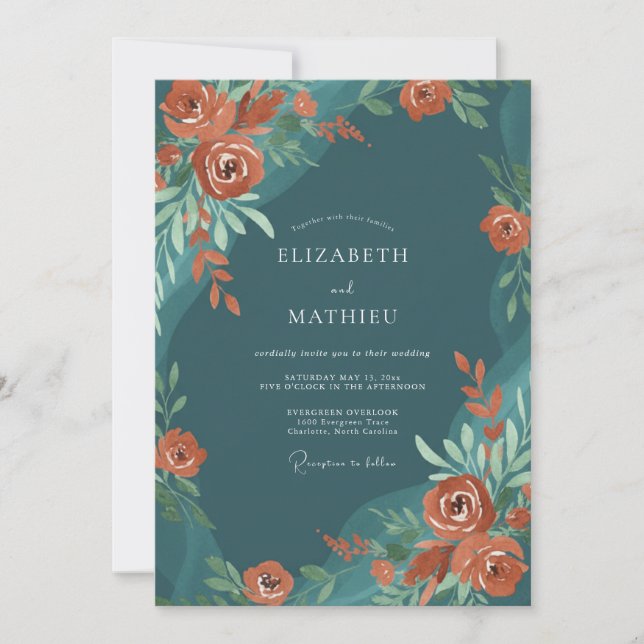 Deep Teal Artistic Rose Wedding Invitation (Front)
