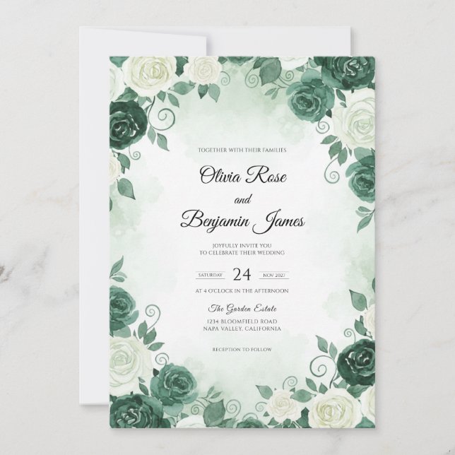 Deep Teal Bloom Wedding Invitation (Front)
