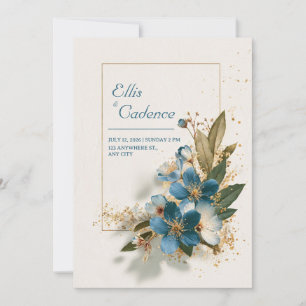 Deep Teal Blue Gold Speckle Watercolor Floral Invitation