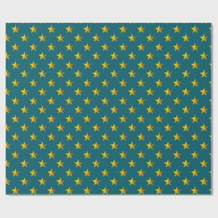 Deep Teal Blue Gold Stars Wrapping Paper