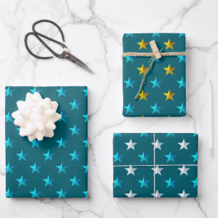 Deep Teal Blue Silver Gold Stars Wrapping Paper Sheet