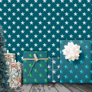 Deep Teal Blue Silver Green Turquoise Blue Stars Wrapping Paper Sheet
