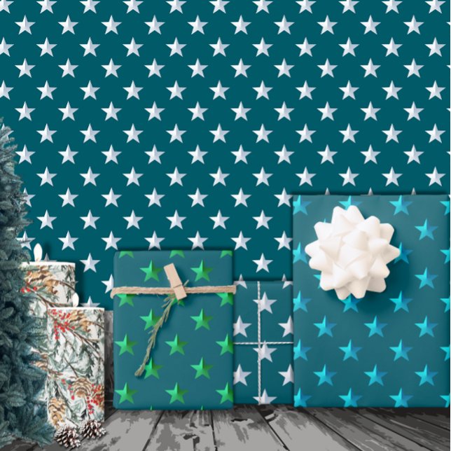Deep Teal Blue Silver Green Turquoise Blue Stars Wrapping Paper Sheet (Creator Uploaded)
