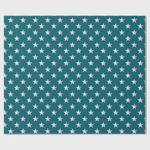 Deep Teal Blue Silver Stars Wrapping Paper