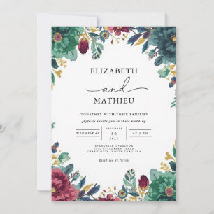 Deep Teal Botanical Arch Wedding Invitation