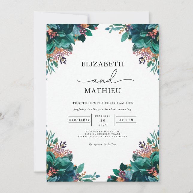 Deep Teal Botanical Flourish Wedding Invitation (Front)