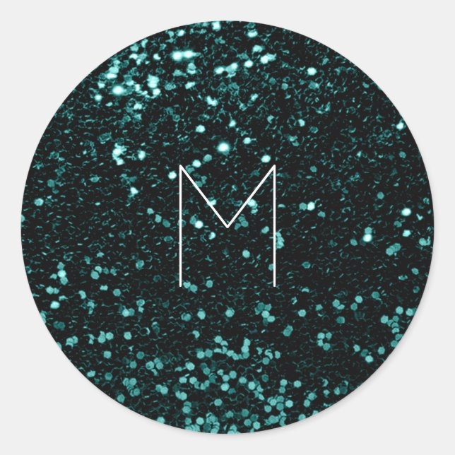 Deep Teal Cali Glitter Metallic Minimal Monogram Classic Round Sticker (Front)
