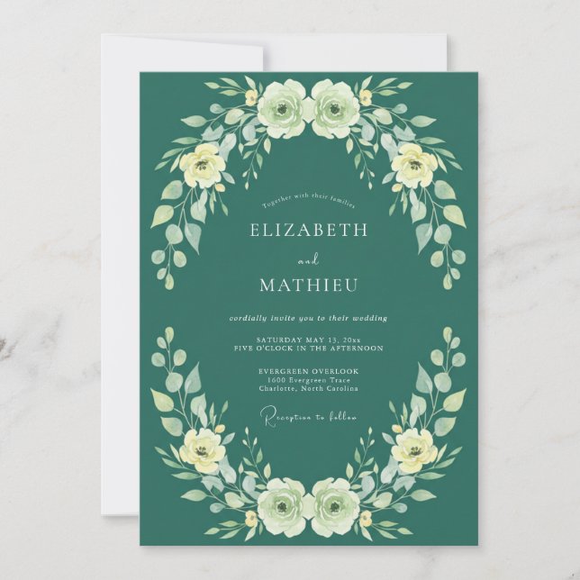 Deep Teal Cream Ranunculus Eucalyptus Wedding Invitation (Front)