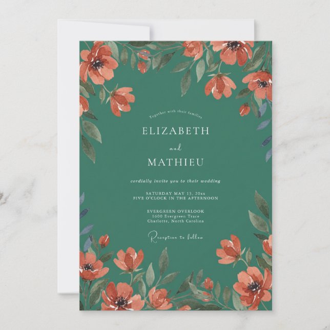 Deep Teal Floral Arch Wedding Invitation (Front)