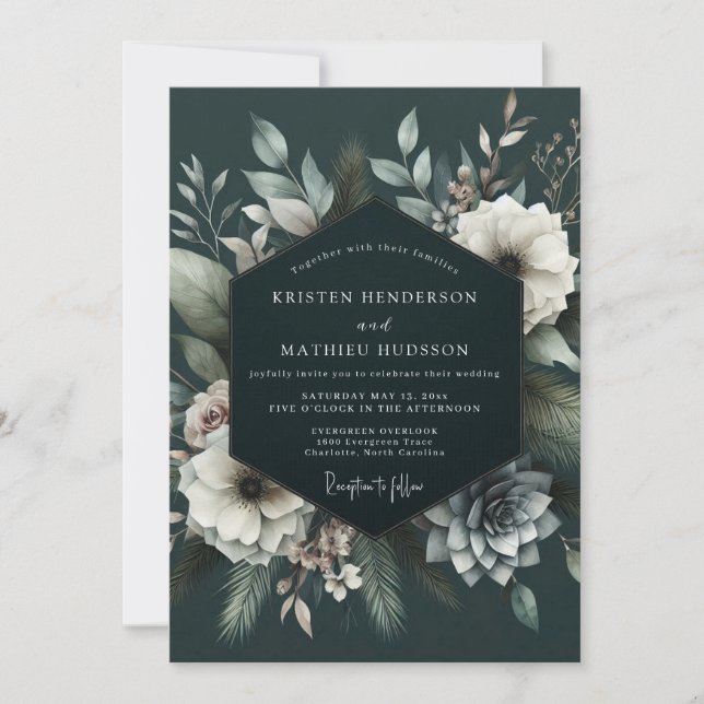 Deep Teal Floral Enchantment Wedding Invitation (Front)