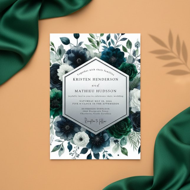Deep Teal Floral Enchantment Wedding Invitation (Creator Uploaded)