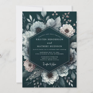 Deep Teal Floral Romance Wedding Invitation