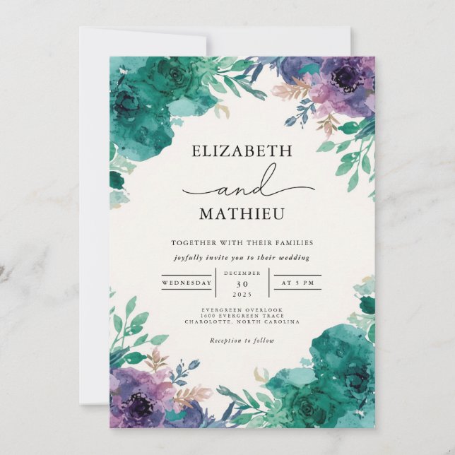 Deep Teal Floral Wash Wedding Invitation (Front)