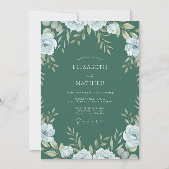 Deep Teal Foliage Dusty Eucalyptus Wedding Invitation (Front)