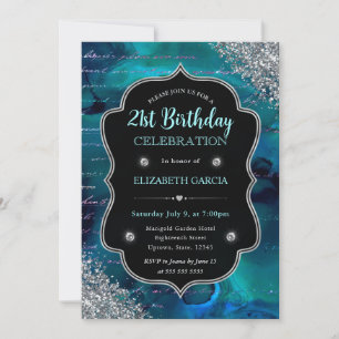 Deep Teal Glitter Mermaid Letters Birthday Invitation
