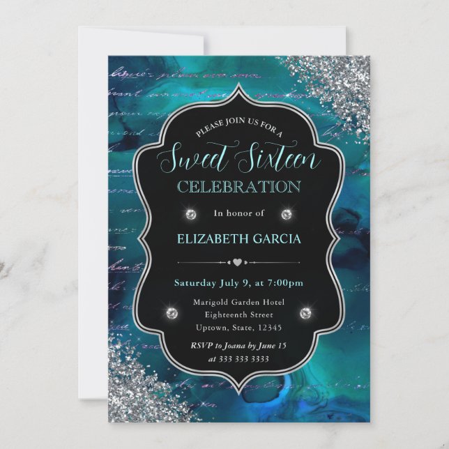 Deep Teal Glitter Mermaid Letters Sweet 16 Invitation (Front)