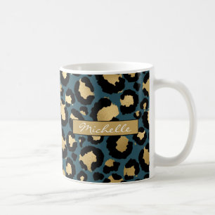 Deep Teal & Gold Leopard Personalised Coffee Mug