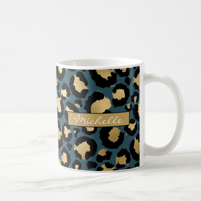 Deep Teal & Gold Leopard Personalised Coffee Mug (Right)