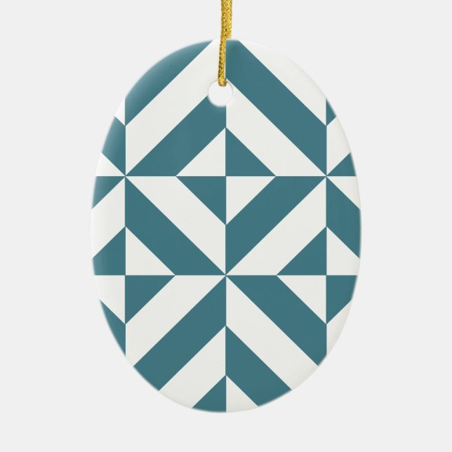 Deep Teal Green Geometric Deco Cube Pattern Ceramic Tree Decoration (Front)
