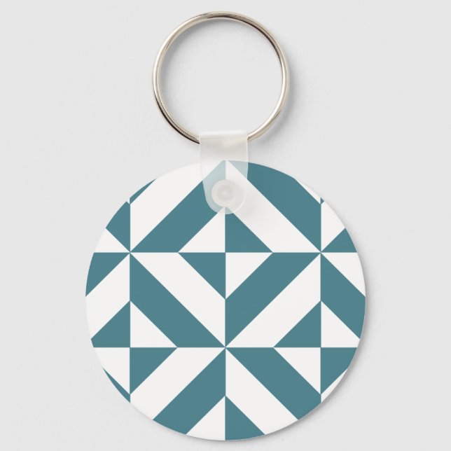 Deep Teal Green Geometric Deco Cube Pattern Key Ring (Front)
