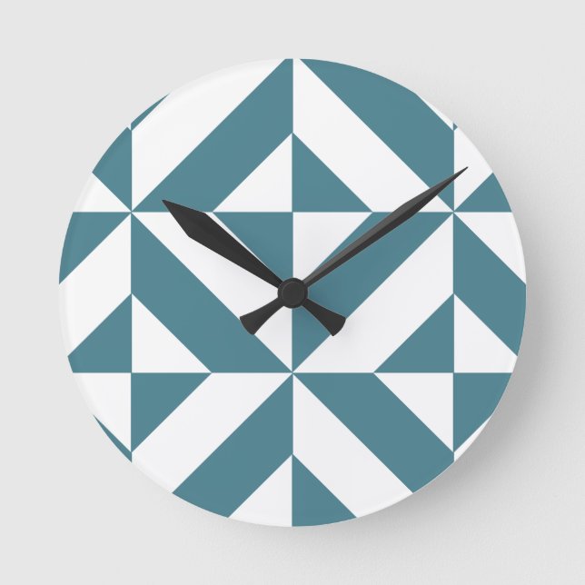 Deep Teal Green Geometric Deco Cube Pattern Round Clock (Front)