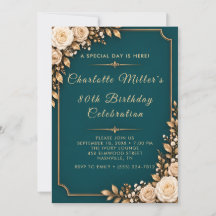 Deep Teal Ivory Roses 80th Birthday Invitation