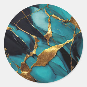 Deep Teal Marble with Bold Gold Veins Classic Round Sticker