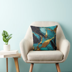 Deep Teal Marble with Bold Gold Veins Cushion
