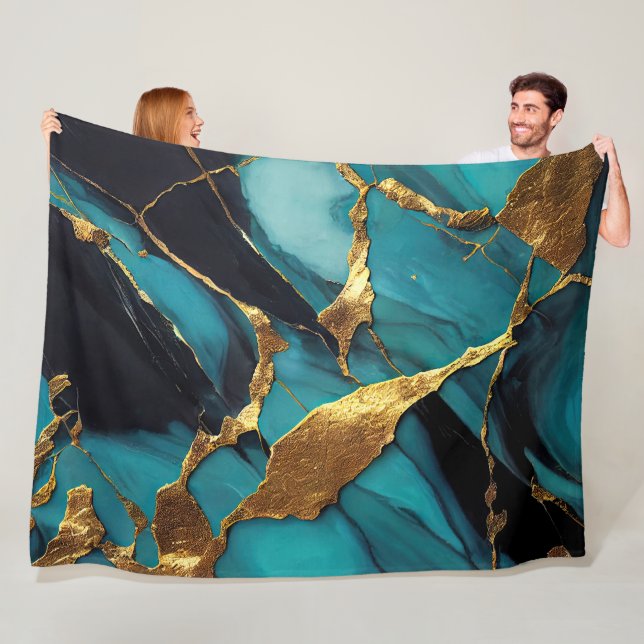 Deep Teal Marble with Bold Gold Veins Fleece Blanket (In Situ)