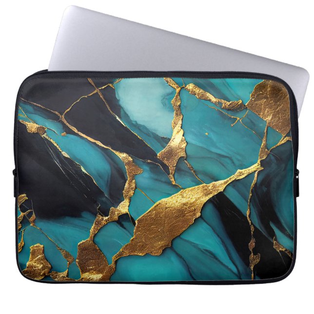 Deep Teal Marble with Bold Gold Veins Laptop Sleeve (Front)
