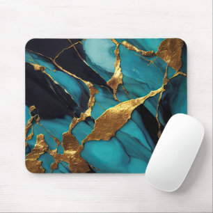 Deep Teal Marble with Bold Gold Veins Mouse Pad
