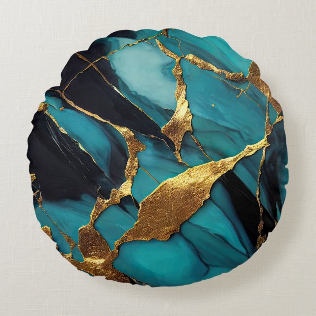 Deep Teal Marble with Bold Gold Veins Round Cushion (Front)