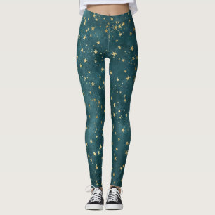 Deep teal night sky celestial gold star pattern leggings