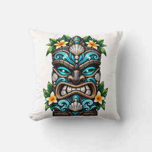 Deep Teal Reef Tiki Guardian Throw Pillow