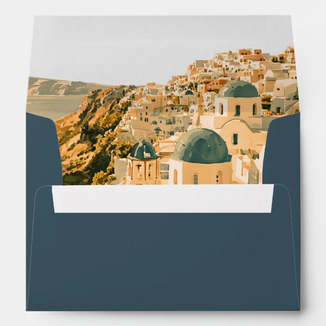 Deep Teal Santorini Caldera Wedding Return Address Envelope (Back (Bottom))