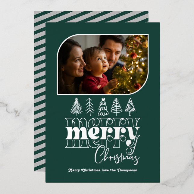 Deep Teal & Silver Retro Doodle Christmas Photo Foil Holiday Card (Front/Back)