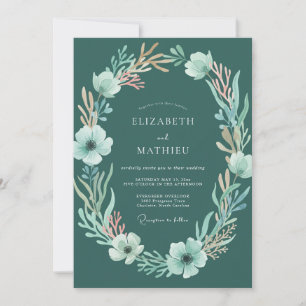 Deep Teal Watercolor Floral Wedding Invitation