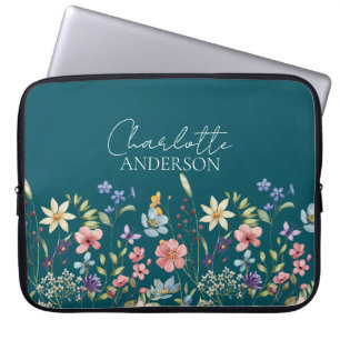 Deep Teal Watercolor Wildflower Name Monogram Laptop Sleeve