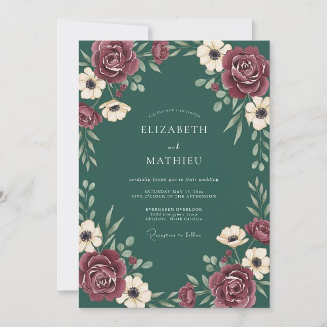 Deep Teal Wine Anemone Wedding Invitation (Front)