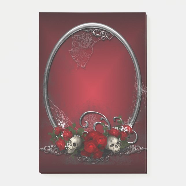 Deep Tomato Red Skulls and Roses Halloween Post-it Notes (Front)