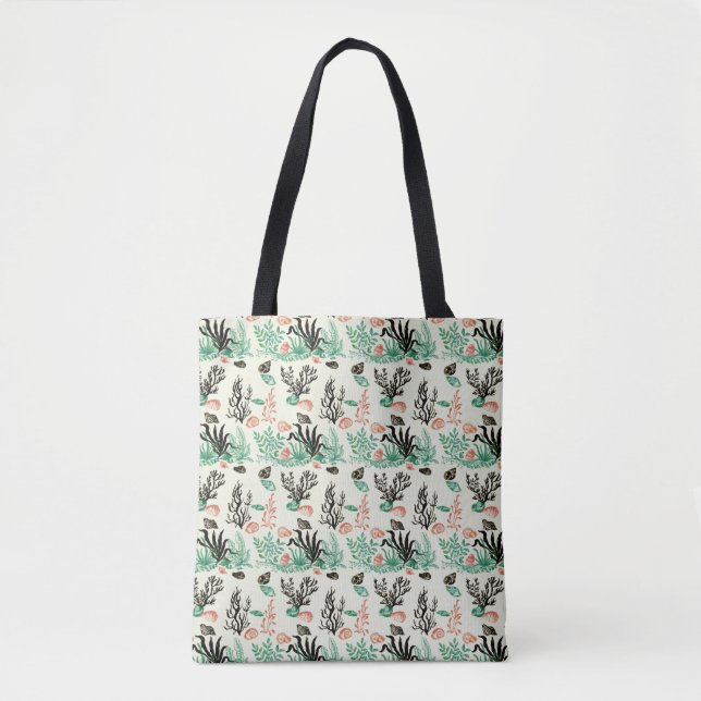 Deep Tropical Ocean Sea Coral Seashell Watercolor Tote Bag (Front)